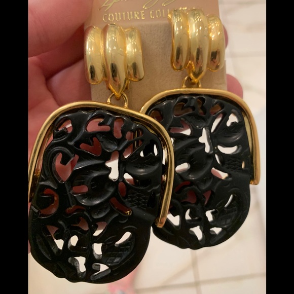 KJL Chinese Carve Black & Gold Earrings